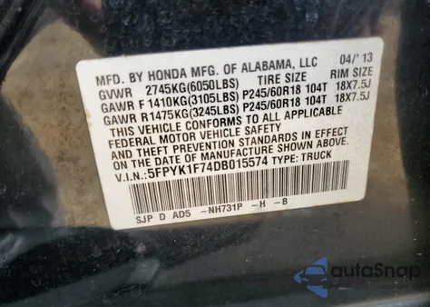 2013 Honda Ridgeline Sport z USA, uszkodzony, nr VIN 5FPYK1F74DB015574